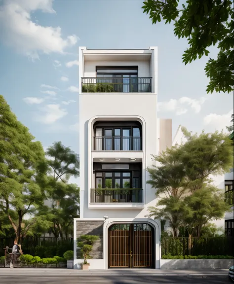 townhouse in city, daylight,warm light, (sharp focus) front view of townhouse in style of modern, vietnamese architecture ,mutua...