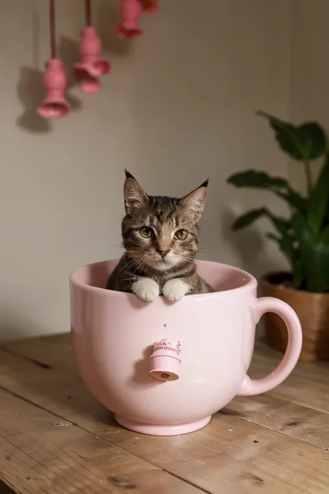 a small cat, in the cup, with pink bell