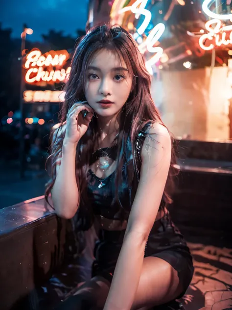 Beautiful Thai girl college student,beautiful,beautiful hair and eyes and face, realistic, ultra detailed,slender,smile,long straight hair, sexy facial expression, dynamic hair, long hair, detailed pink hair, glow blue eyes,leaning against a wall in a blac...