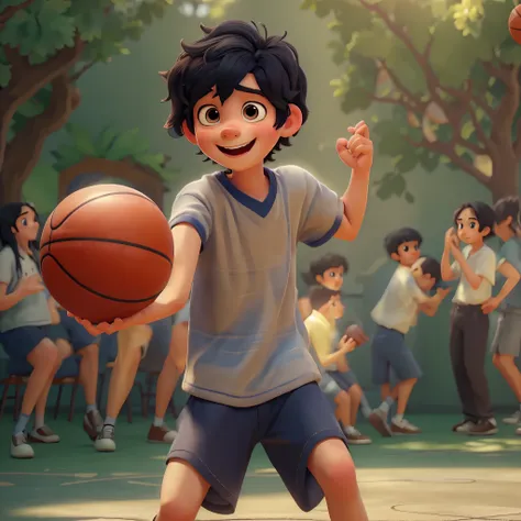 masterpiece, best quality，photo of a cute boy，16 years old，black hair，Play basketball，a happy expression。Pixar style