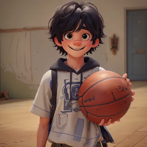 masterpiece, best quality，photo of a cute boy，16 years old，black hair，Holding a basketball，a happy expression。Pixar style, 