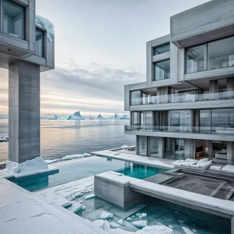 Imagine a view on concrete, modern mansion seamlessly integrated into an iceberg, embodying the perfect blend of modern architecture and iceberg. Design a lavish retreat with a cozy and warm interior that combines the rugged elegance of wooden and concrete...