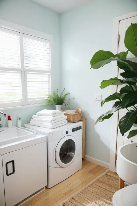 In a predominantly white laundry room，There is a white table in front，A white washing machine，some green plants on the table、plenty of sunshine，Enhance the sense of space。 Good lighting，sharp focus，The picture is delicate and delicate，Gives a sense of real...