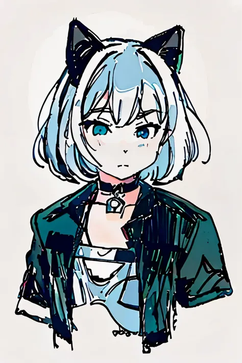 1girl, :3, animal_ears, bangs, black_background, black_jacket, blush, cat, cat_ears, choker, cleavage, closed_mouth, collarbone, eyebrows_visible_through_hair, green_eyes, hair_between_eyes, jacket, letterboxed, looking_at_viewer, medium_breasts, sarashi, ...