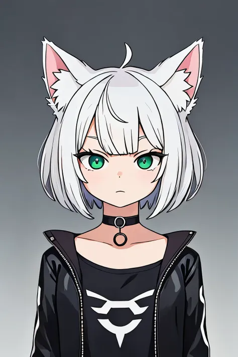 1girl, :3, animal_ears, bangs, black_background, black_jacket, blush, cat, cat_ears, choker, cleavage, closed_mouth, collarbone,...