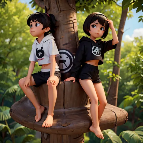 Girl 7 - 12 years sits on tree with a boy, girl wear crop top and short shorts, girl are barefoot, boy wear black hoody and shirt shorts, boy in black hoody, girl in crop, girl in short shorts, girl barefoot, sits on the tree 