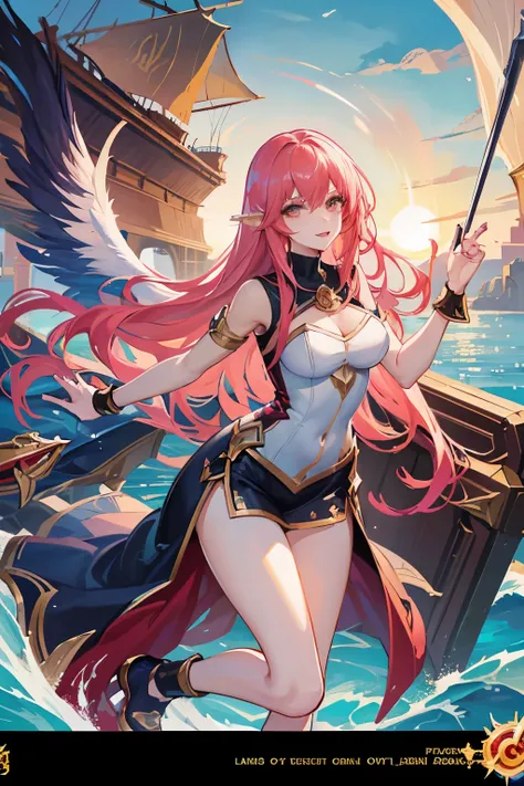 Anime style image of a woman with wings on a boat, Official splash art, From League of Legends, lebron, League of Legends Flash Painting, League of legends splash art, League of Legends Concept Art, League of Legends style art, League of Legends Art style,...