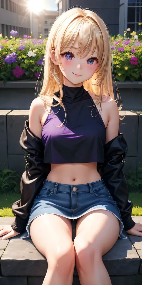 ((sit with legs apart))､1 girl, blonde hair, black eye, shining eyes, purple crop top, Purple miniskirt, smile､realistic, blush, night, flowers, sun, sunlight, masterpiece, 最high quality, high quality, High resolution､(しゃがんでsit with legs apart)