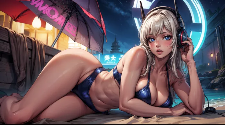 sexy anime 1girl ,headphone, glowing skin , beautiful background , beautiful sky, aesthetic ,vanilla ,night ,cleavage, big , swimsuit , beach , neon 