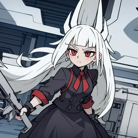 （（a woman，blush，front，whole body）），dress，white hair，Show forehead，black devil horns，White background，grace，