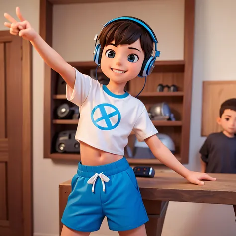 A Boy 12 - 14 years, boy wear crop top and short shorts, a boy are making selfies and show peace with hand, boy wear headphones, boy wear crop top, boy wear short shorts, a boy are smiling 