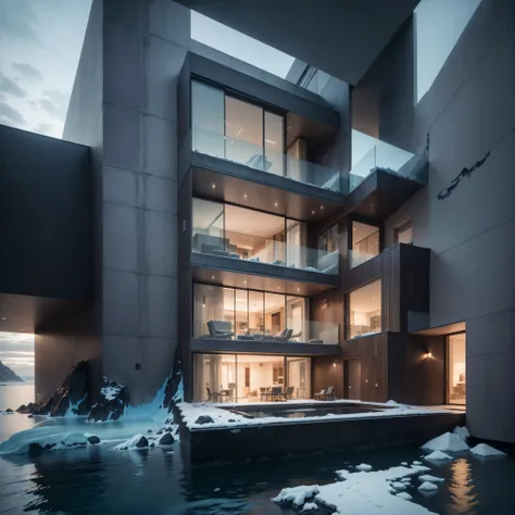 Imagine a view on concrete, modern mansion seamlessly integrated into an iceberg, embodying the perfect blend of modern architecture and iceberg. Design a lavish retreat with a cozy and warm interior that combines the rugged elegance of wooden and concrete...