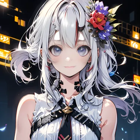 best quality, ultra high resolution, (realism: 1.4), 1 female, Sleeveless white button-down shirt, black skirt, black collar, (kpop idol), (Egiosar: 1), (platinum: 1), looking at the audience, whole body, flowers, blue eyes, long hair, white hair, high pon...