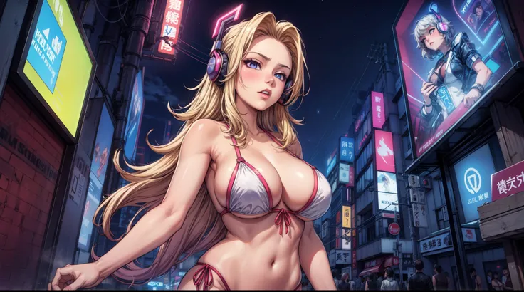 sexy anime 1girl ,headphone, glowing skin , beautiful background , beautiful sky, aesthetic ,vanilla ,night ,cleavage, tokyo city , big , synthwave , swimsuit 
