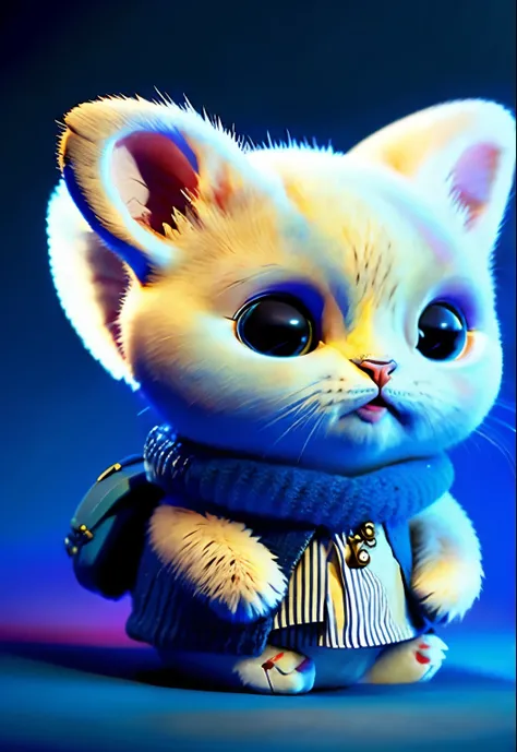 a white and blue cat，Tim Burton with big pins in his ears