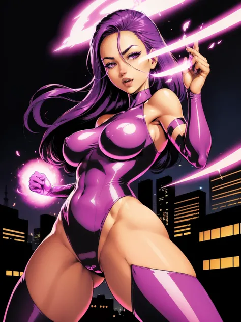 (((COMIC STYLE, CARTOON ART))). ((1 girl)), lonly, A comic-style image of Psylocke, with her as the central figure. She is standing, with her hands holding two katanas. She wears a purple and pink costume, with a purple and pink mask. She has long, straigh...