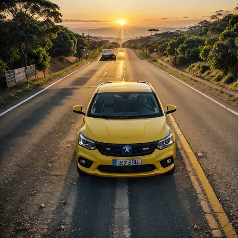 crie uma imagem de um carro amarelo na estrada ao por do sol