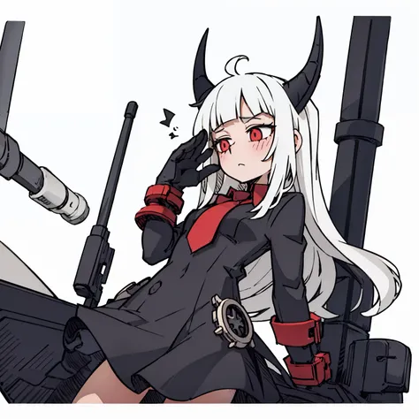 （（a woman，blush，front，whole body）），dress，black dress，red tie，Red cuffs，white hair，flat bangs，White Devil Horn，White background，grace，