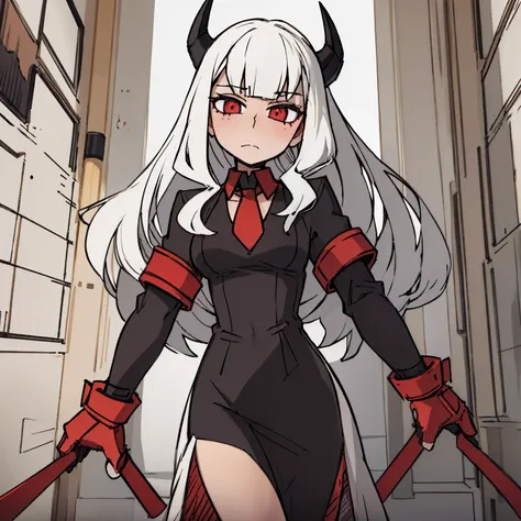 （（a woman，blush，front，whole body）），dress，black dress，red tie，Red cuffs，white hair，flat bangs，White Devil Horn，White background，grace，