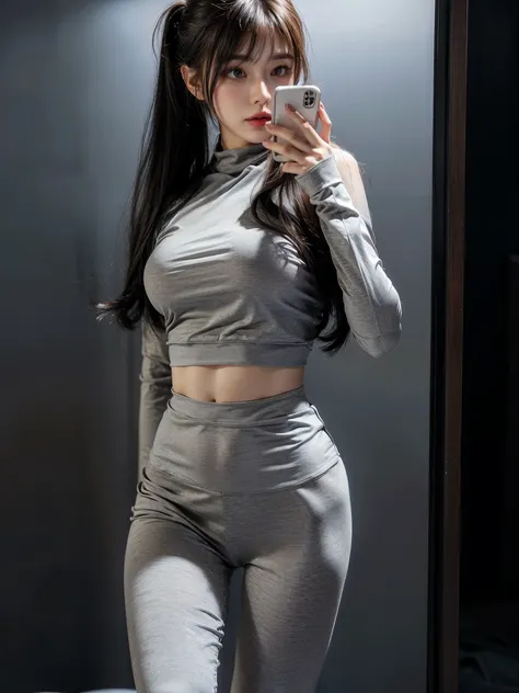 araffe woman in grey tight pants taking a selfie, light grey, V-chest clothes, grey, tights, wearing tight simple clothes, Tik, tights, Fits the delicate figure, 光滑白色tights服套装, Shanzhai Core!! fitness body, interesting costumes, thin waist, Wearing a sexy ...