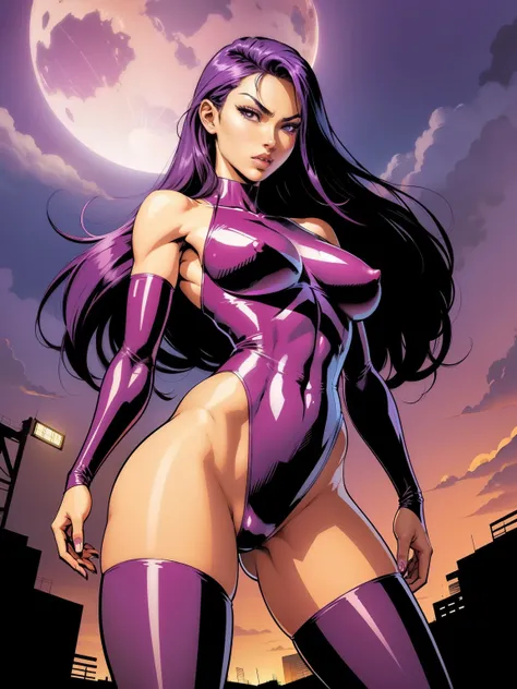 (((COMIC STYLE, CARTOON ART))). ((1 girl)), lonly, A comic-style image of Psylocke, with her as the central figure. She is standing, with her hands holding two katanas. She wears a purple and pink costume, She has long, straight purple hair, purple eyes, a...