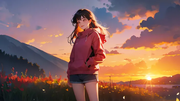 ((masterpiece)),(((bestquality))),((ultra-detailed)) realisticlying, 1 girl, korean woman, Beautiful,  wearing a sweater and shorts, Beautiful sunset, solo, The sky turns red at sunset, Face smile, looking away, fowers, lake. flower garden,.