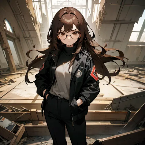 brown-haired girl, long hair , Brown eyes, black glasses for vision, black closed jacket, black trousers, serious look, in an abandoned place 