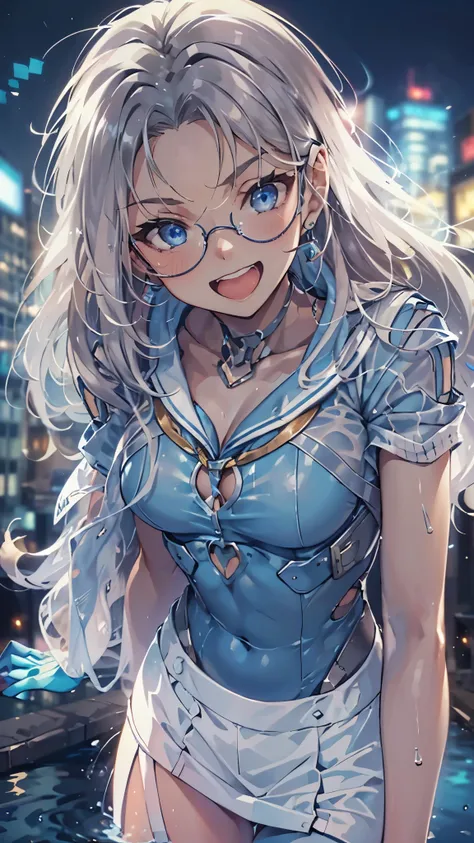 woman,14 years old,,city,night,(((white and blue tight miniskirt bodysuit))),,open mouth smile((See-through))glasses,((beautiful long ponytail)),((Baby girl body shape))