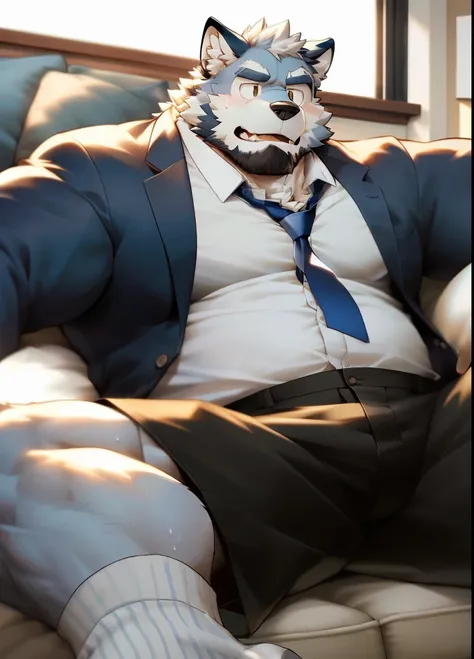 hairy，（（Wolf，Loose white long-sleeved shirt，Roll up your sleeves，Unbutton your clothes，tie，No shoes，sweat shorts）），beard，white socks，white fur，male，Common，full body picture（（极其lifelike阴影，masterpiece，Very detailed，lifelike））， （（Cat）），dynamic poses，In the be...