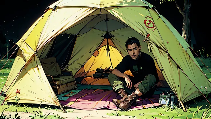 Gere uma imagem que represente um acampamento com uma barraca, isto&#39;It&#39;s night and everything is very dark and a man wearing camping clothes, with black boots and pants, wearing a dark green long shirt is inside the green camping tent, with the exp...