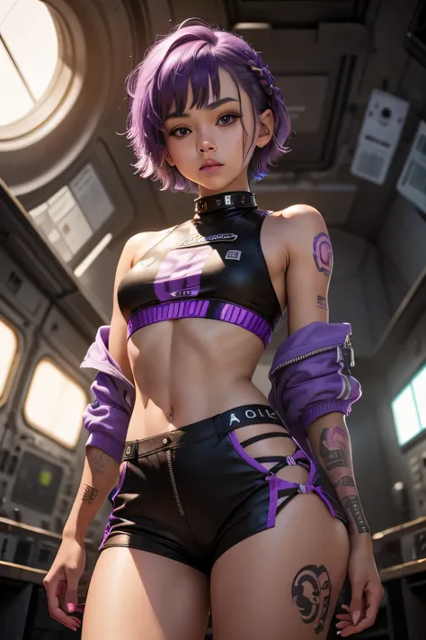 girl, idol, photo, film, depth of field, skin texture, braids, short hair, purple hair, tattoos, stay-ups, space station, fantasy, crop top, clothes