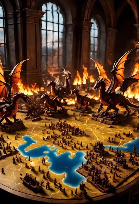 open map table, 3d rendering of dragons miniatures  breathing fire and knights miniatures  on horses  fighting on a large scale ...