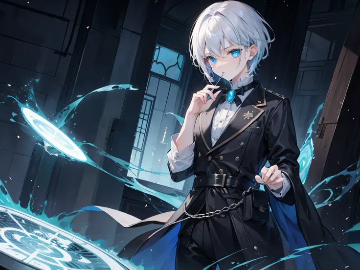 {[{{"Magnificent dark atmosphere, Being in a magical world, 4k artwork of man with gray hair and glowing blue eyes, short hair, Surrounded by spellbooks,Making magic, While eating."}]}}