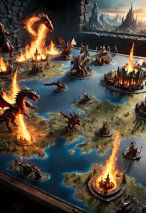 open map table, 3d rendering of dragons miniatures  breathing fire and knights miniatures  on horses  fighting on a large scale ...