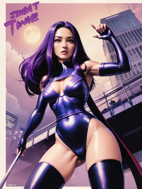 (((COMIC STYLE, CARTOON ART))). ((1 girl)), lonly, A comic-style image of Psylocke, with her as the central figure. She is standing, with her hands holding two katanas. She wears a purple and pink costume, She has long, straight purple hair, purple eyes, a...