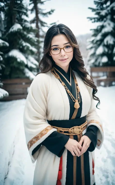 Young ainu woman with the face of (Gal Gadot:Evangeline Lilly), (looking at viewer, light smile, ), brown hair, brown eyes,  long hair, hair_flying, Fluttering hair, flying_hair, ((Transparent glasses, glasses, glasses_on_nose)), ((traditional ainu clothes...