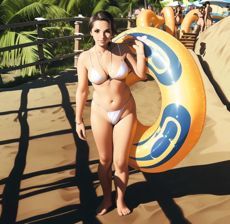 There is a Brazilian woman, Pele castanha clara, Ela tem cerca de 30 anos, in bikini holding a giant inflatable tube, vacation photo, wearing two piece swimsuit, piping, waterpark, in bikini, in bikini, levemente bronzeado, swimsuit model, Divertindo-se mu...