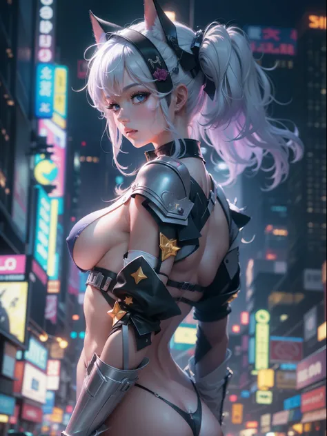 (((tmasterpiece)))、(((top-quality)))、((ultra-definition))、(High Definition CG Illustration)、((Extremely Delicately Beautiful))、The future city、Cinematic light、独奏、full body Esbian、Beautiful neon lights、2080s、anime big breast、Beautiful girl、Two-tailed girl、t...