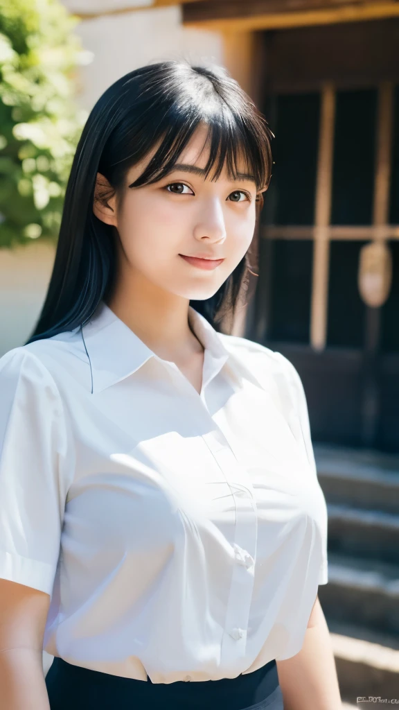 Top quality, beautiful Japanese high school girl, masterpiece, light makeup, black hair, school, beautiful, elegant.  Super fine details, work, real texture, perfect work, 8k, HD, uniform, white blouse, miniskirt, chubby figure, young face, large breasts, ...