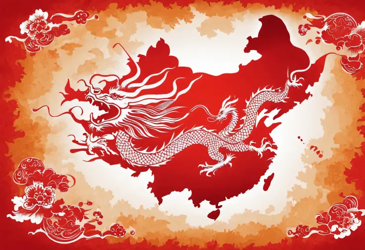 red poster design,(Map of China),background:Dragon silhouette