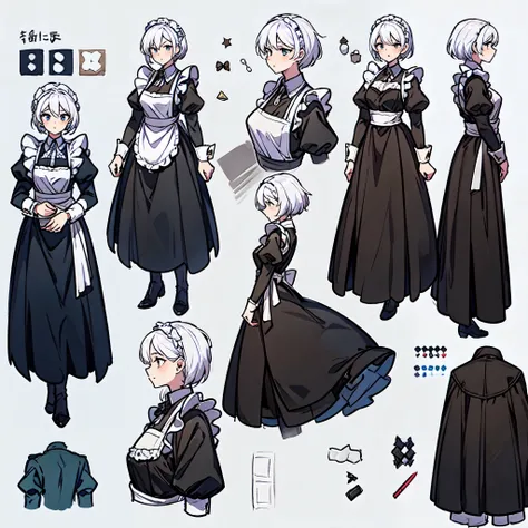 Mature sister，white hair，Wearing maid costume，concept art，人物concept art，character sketch，Reference table，character sheet，（simple background，White background： 1.3)