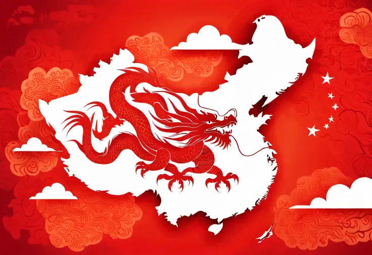 red poster design，（Map of China），background：Dragon silhouette