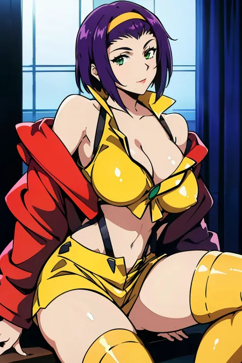 nsfw, masterpiece, best quality, high resolution, 1girl, large breasts, cleavage, faye valentine, yellow hairband, yellow shirt,...