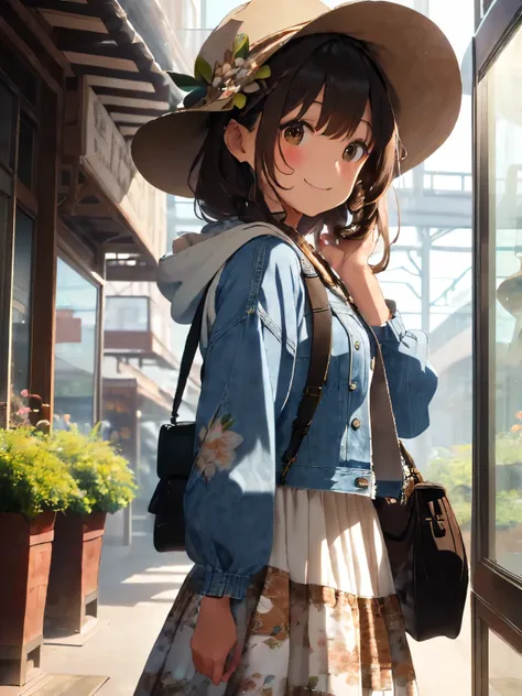 (brown hair:1.3),(brown eyes:1.3),(Braided shorthair:1.4),(With bangs),((fashion//ivory hoodie、denim jackets、black hunting hat、Floral tiered long skirt、white shoulder bag:1.4)),((In front of the huge aquarium:1.3)),((Inside the dimly lit aquarium building:...