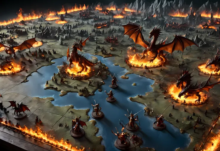 open 3d map table  of dragons miniatures  breathing fire and knights miniatures  on horses  fighting on a large scale grid map o...