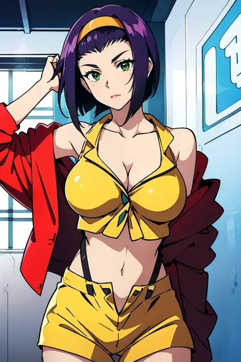 nsfw, masterpiece, best quality, high resolution, 1girl, large breasts, cleavage, faye valentine, yellow hairband, yellow shirt,...