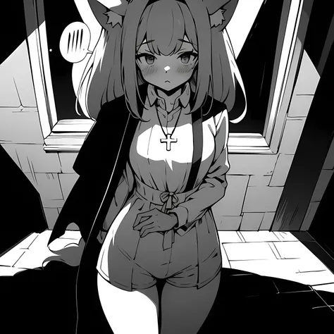 magic vortex,dramatic shadows,black and white,monochrome,{{comics}},Cross necklace,cassock,short shorts,1 girl looking at the audience, sinking into the dark sea, fall,Capulet,thigh_gap,monochrome,head/feet beyond frame,blush when talking,Cat_ear,unsheathe...