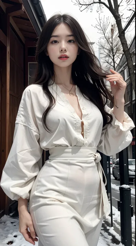 realistic, High resolution, 1 female, glowing skin, alone, wide lips,long hair,wavy hair, closed mouth, hip up, Fashion Model,red cheeks,skin as white as porcelain,skin as white as snow,Wearing Western clothes,null,青null,luxury hotel outdoor,saggy breasts,...