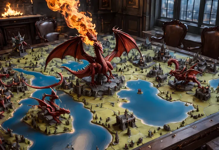 open map table (masterpiece, best quality, best detailed: 1.4) of live action battle between fire breathing dragons miniatures (...