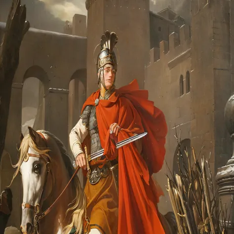 pintura de um homem de armadura andando a cavalo com uma espada, jacques louis david style, jacques - louis david, Direction: Jacques-Louis David, jacques louis david, Direction: Jean-François de Troy, neoclassic oil painting, Roman legionary, neoclassic p...